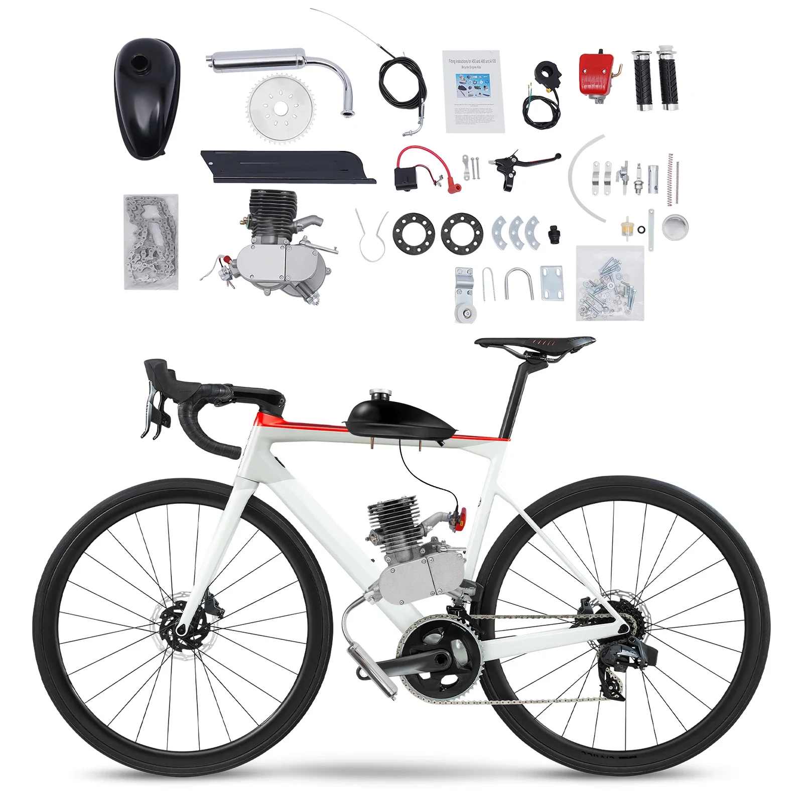 110cc Bicycle Engine Kit 2-Stroke Bicycle Gasoline Engine Motor Kit 3kw/6000r/min Motorized Bike Kit 55km/h Max Speed