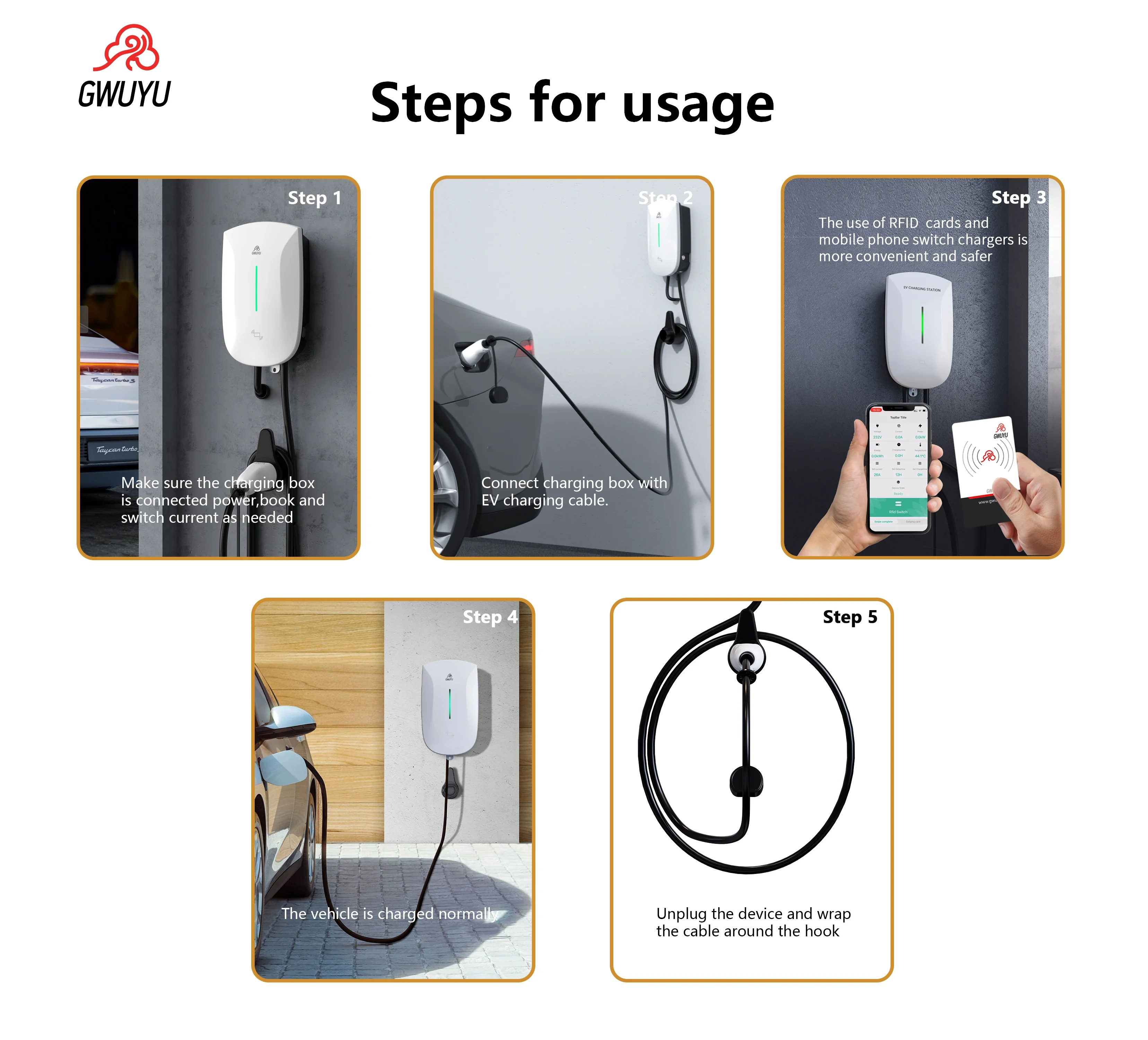 GWUYU Wallbox Type2 32A 7KW EV Charger 16A 11KW 32A 22KW 3 Phase Electric Vehicle Charging Station 5m Cable Support APP Control