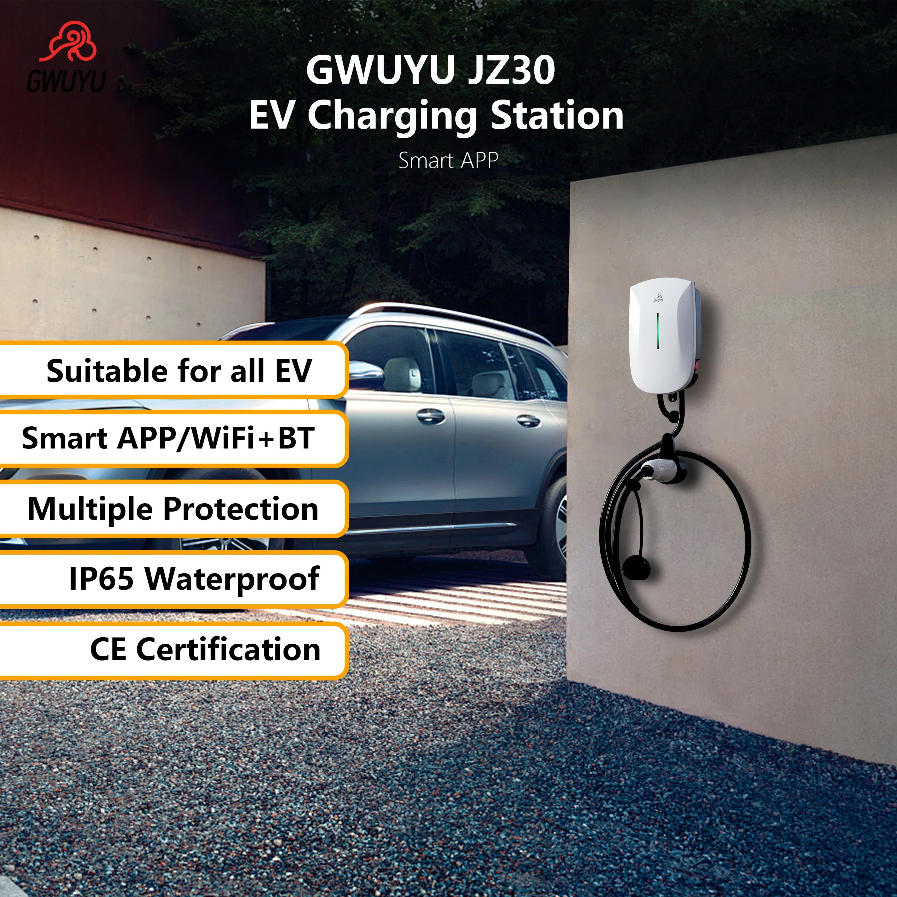 GWUYU Wallbox Type2 32A 7KW EV Charger 16A 11KW 32A 22KW 3 Phase Electric Vehicle Charging Station 5m Cable Support APP Control
