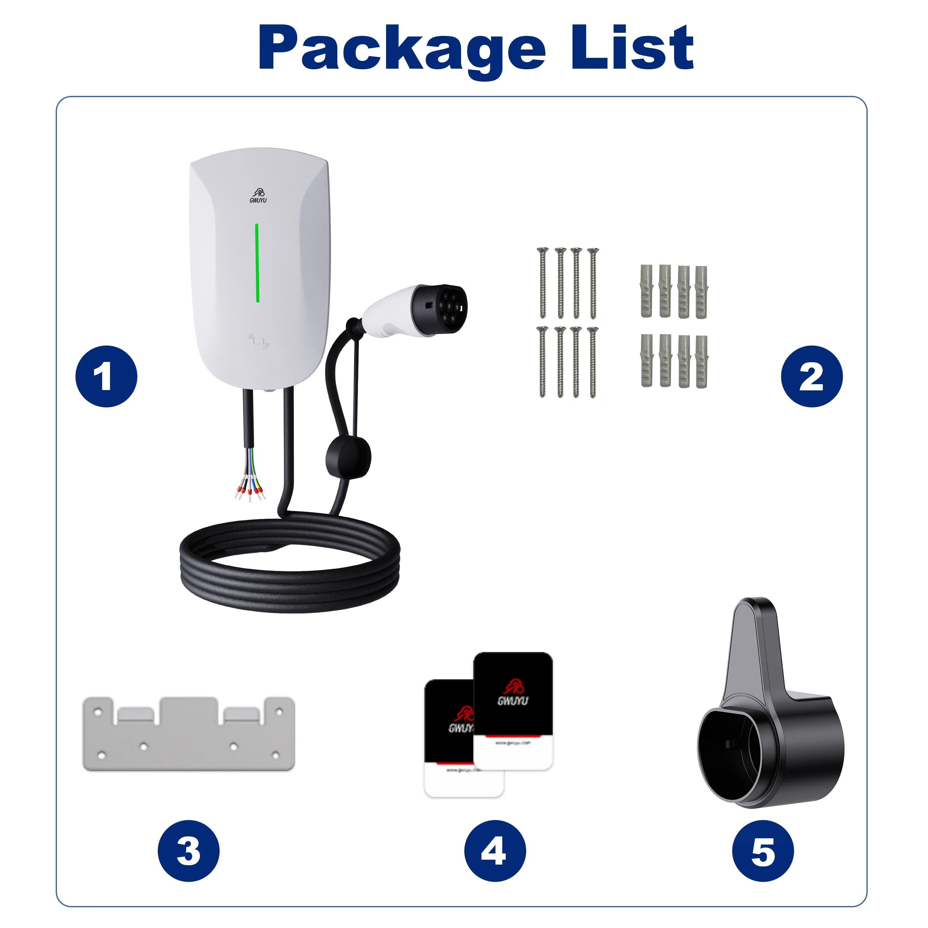 GWUYU Wallbox Type2 32A 7KW EV Charger 16A 11KW 32A 22KW 3 Phase Electric Vehicle Charging Station 5m Cable Support APP Control