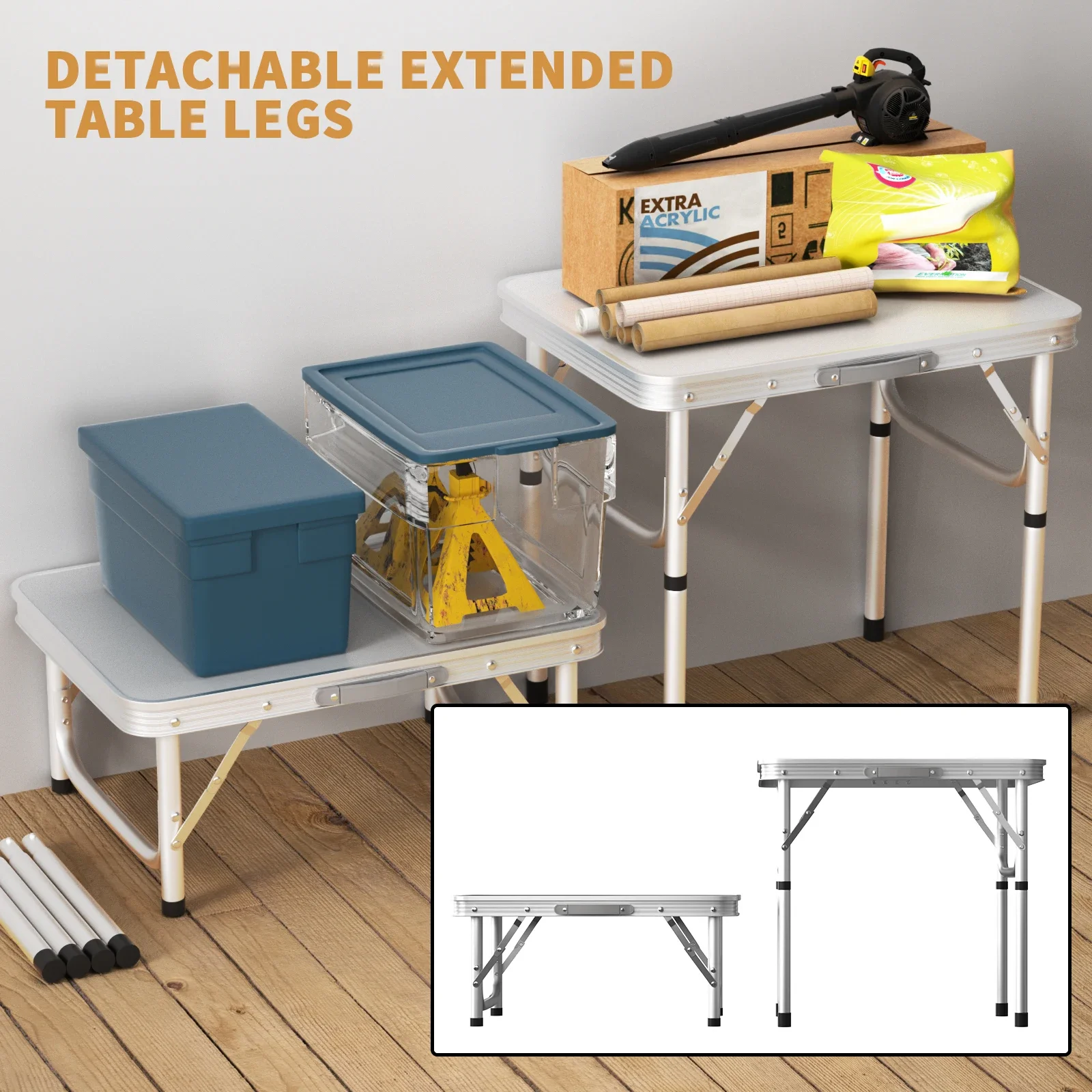 Indoor Outdoor 60x45cm Folding Table ,26-56cm Height Adjustable,Portable White Camping Desk BBQ Party Garden Easy To Install