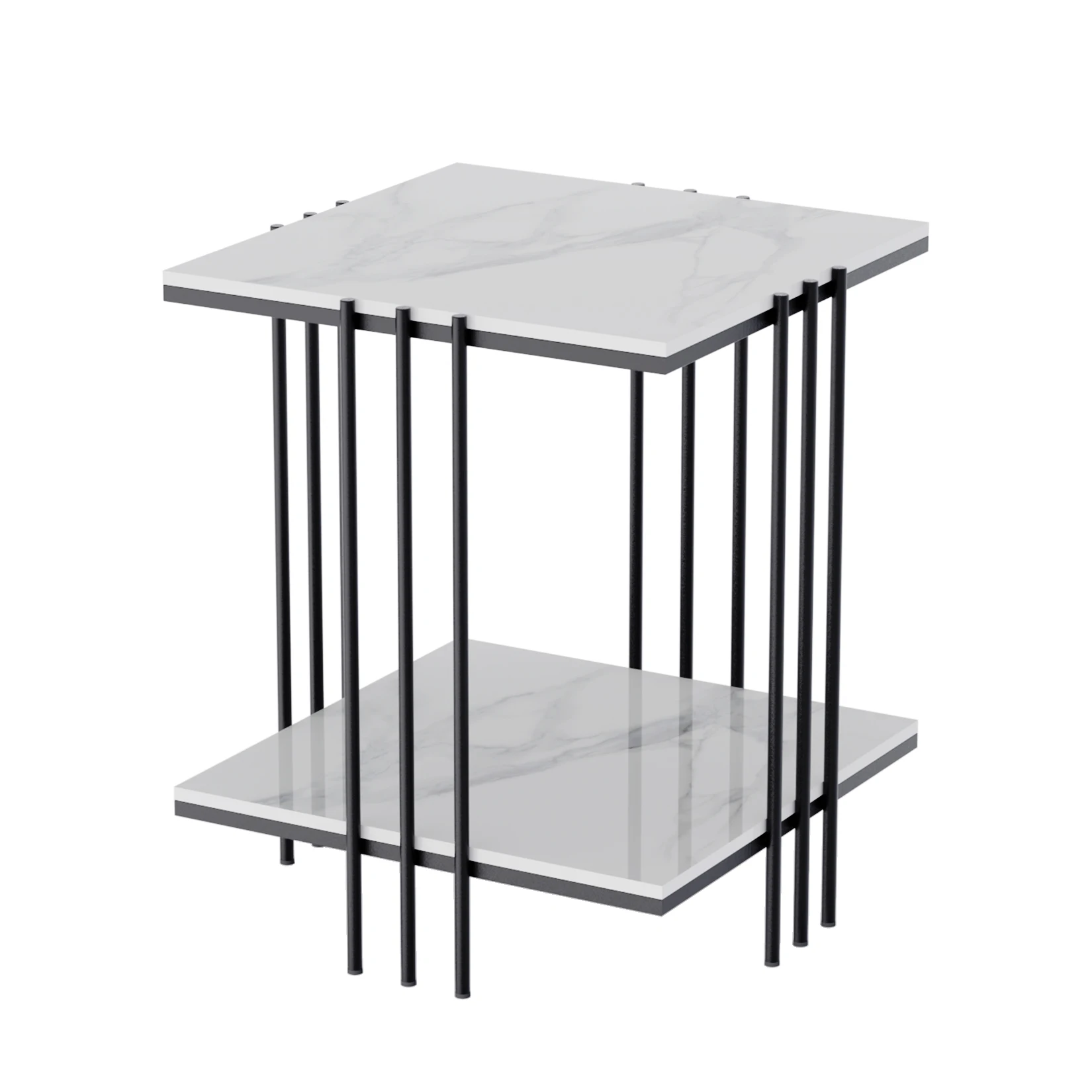 2-Tier Marble Sofa Side Table Coffee Table Modern Square Black Metal Frame for Living Room Accent