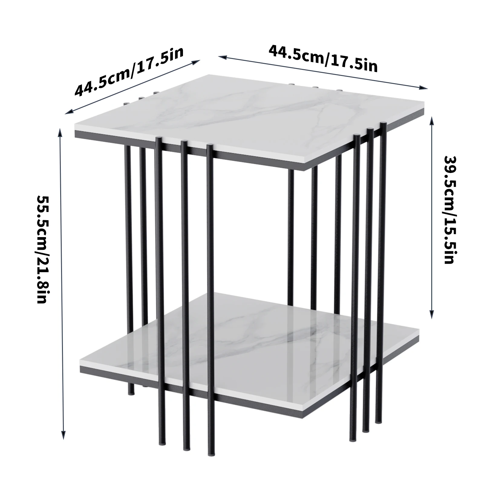 2-Tier Marble Sofa Side Table Coffee Table Modern Square Black Metal Frame for Living Room Accent