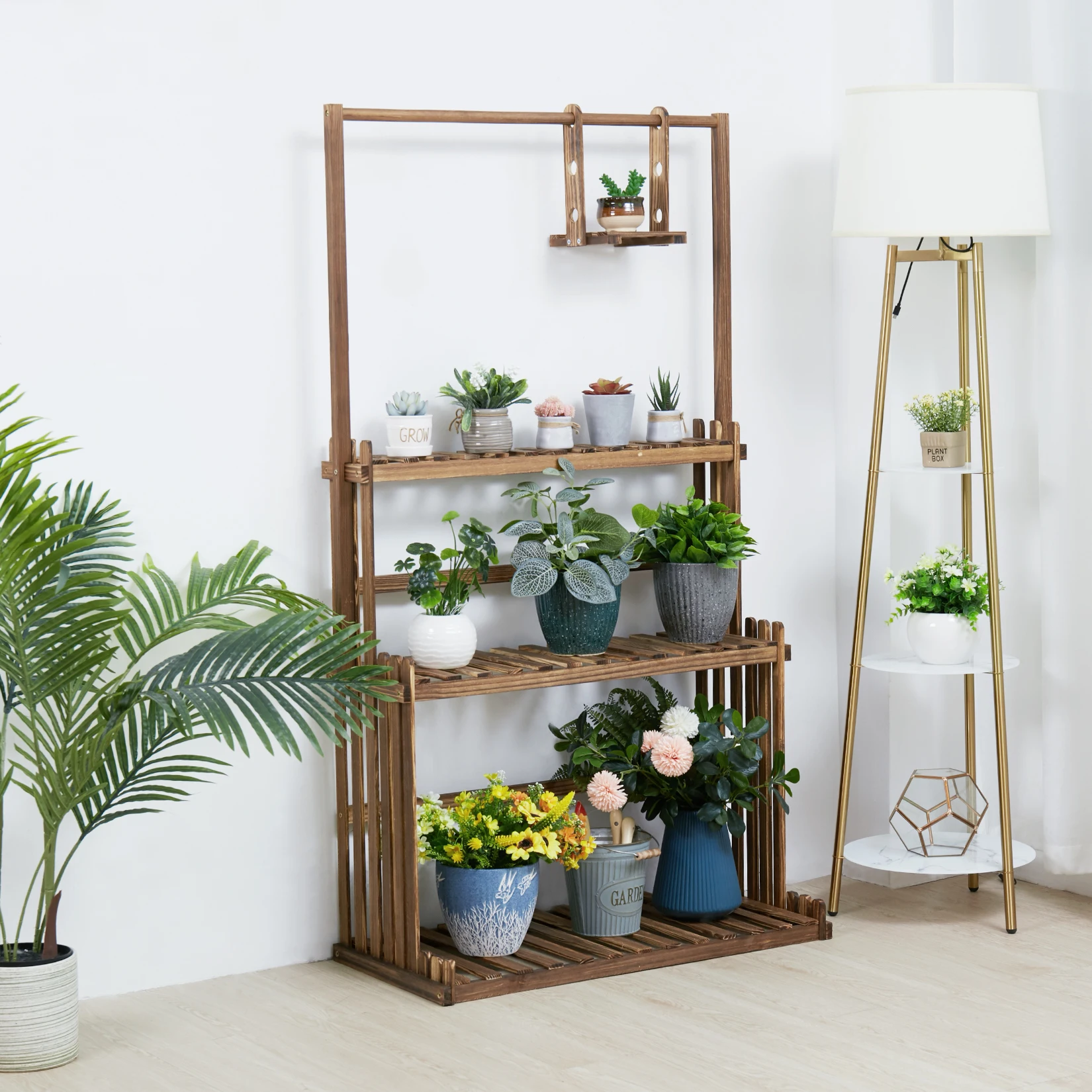 3-Tier Hanging Wood Plant Stand Planter Shelves Flower Pot Organizer Rack Multiple Display Holder Shelf Indoor Outdoor