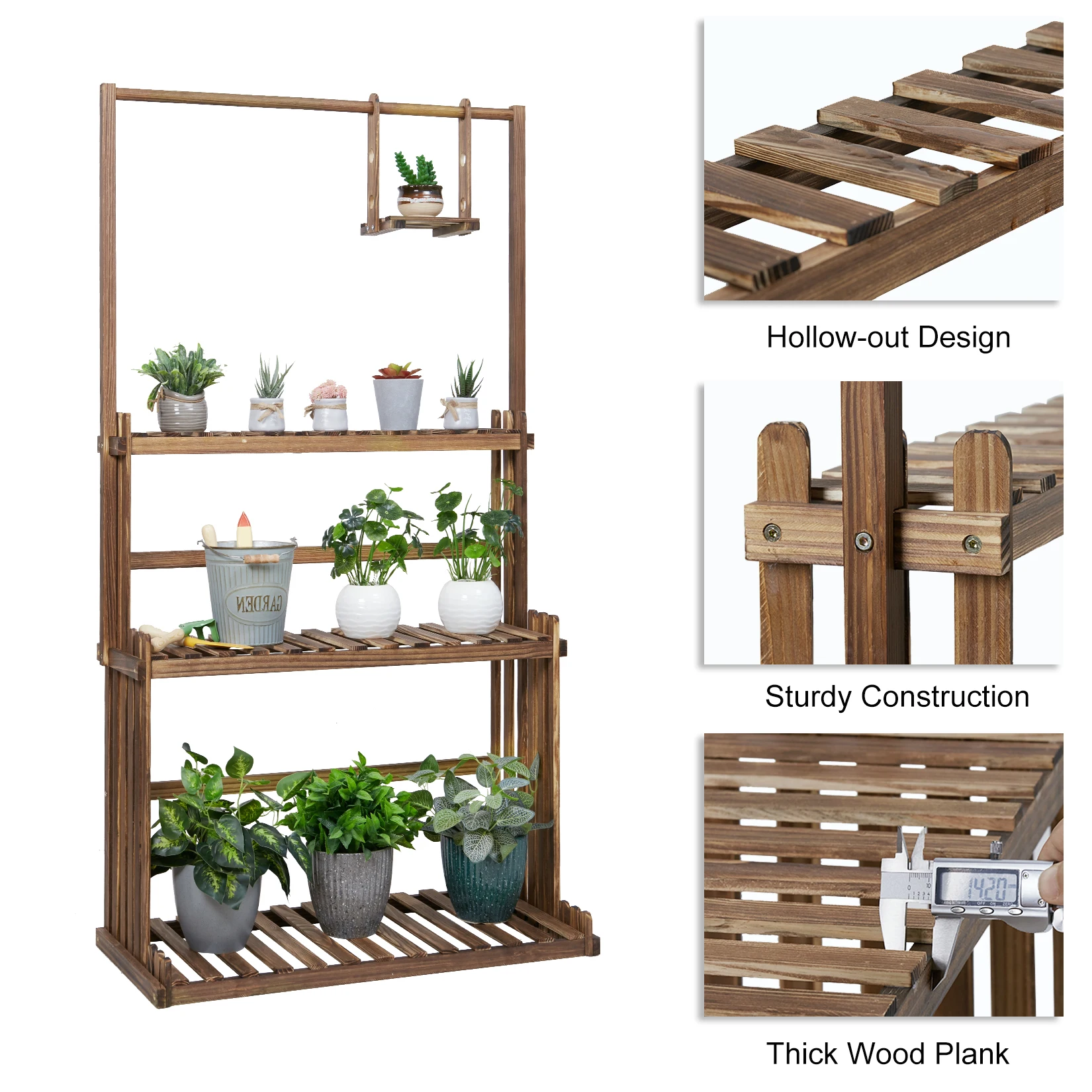 3-Tier Hanging Wood Plant Stand Planter Shelves Flower Pot Organizer Rack Multiple Display Holder Shelf Indoor Outdoor