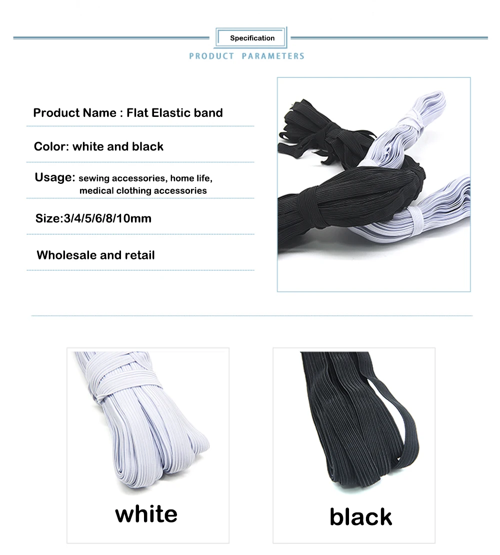 3/4/5/6/8/10MM White/Black Flat Elastic Bands Elastic Rubber Band Wedding Garment Elastic Tape for DIY Sewing Stretch Rope Acces