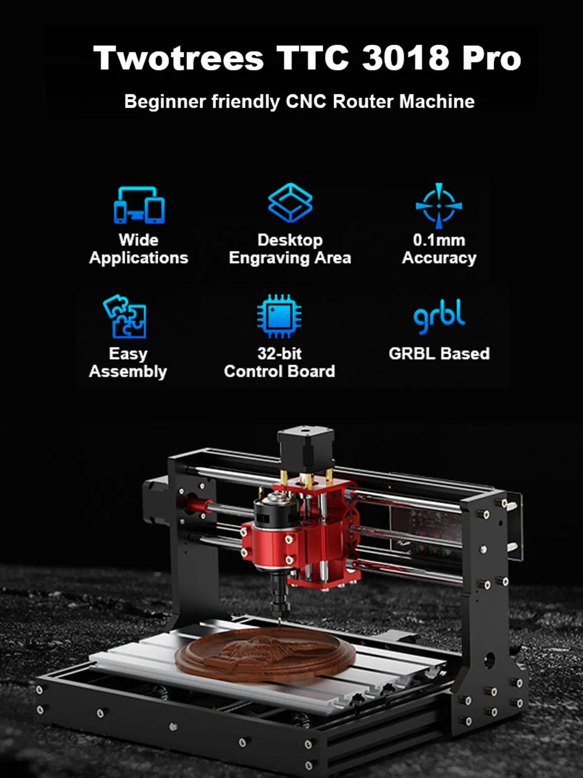 Twotrees TTC3018 Pro CNC Router Engraver 32-bit Board 775 Motor ER11 Z-Axis Milling Machine for Wood MDF Acrylic PCB Cut
