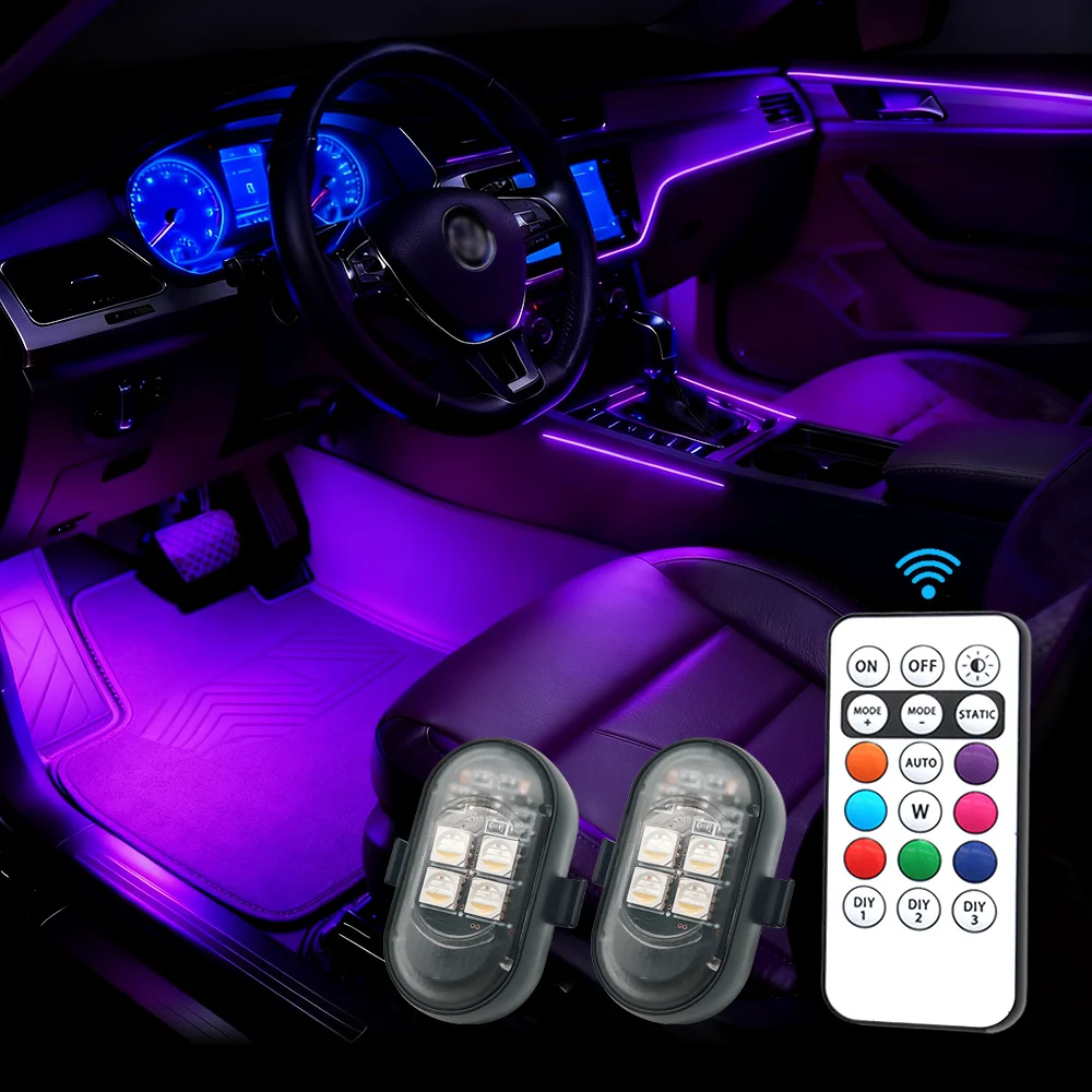 Car LED Decor Lights, Atmosphere Lamp Wireless/ Remote | Multi-Color Mode | USB Charging | For Interior, Grille, Warning Light