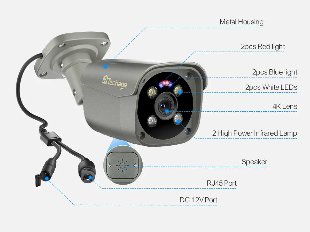 Techage 8MP Ultra HD 4K POE AI Camera Outdoor H.265 IP Camera Face Detect Full Color Night Two-way Audio for Surveillance System