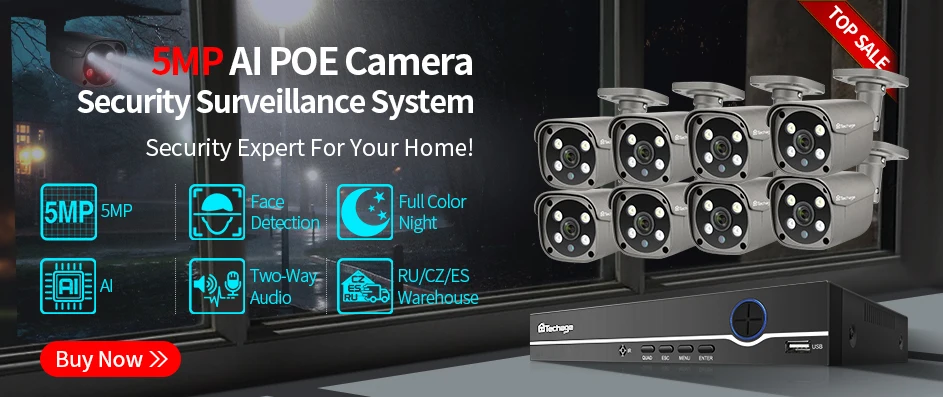 Techage 8MP Ultra HD 4K POE AI Camera Outdoor H.265 IP Camera Face Detect Full Color Night Two-way Audio for Surveillance System