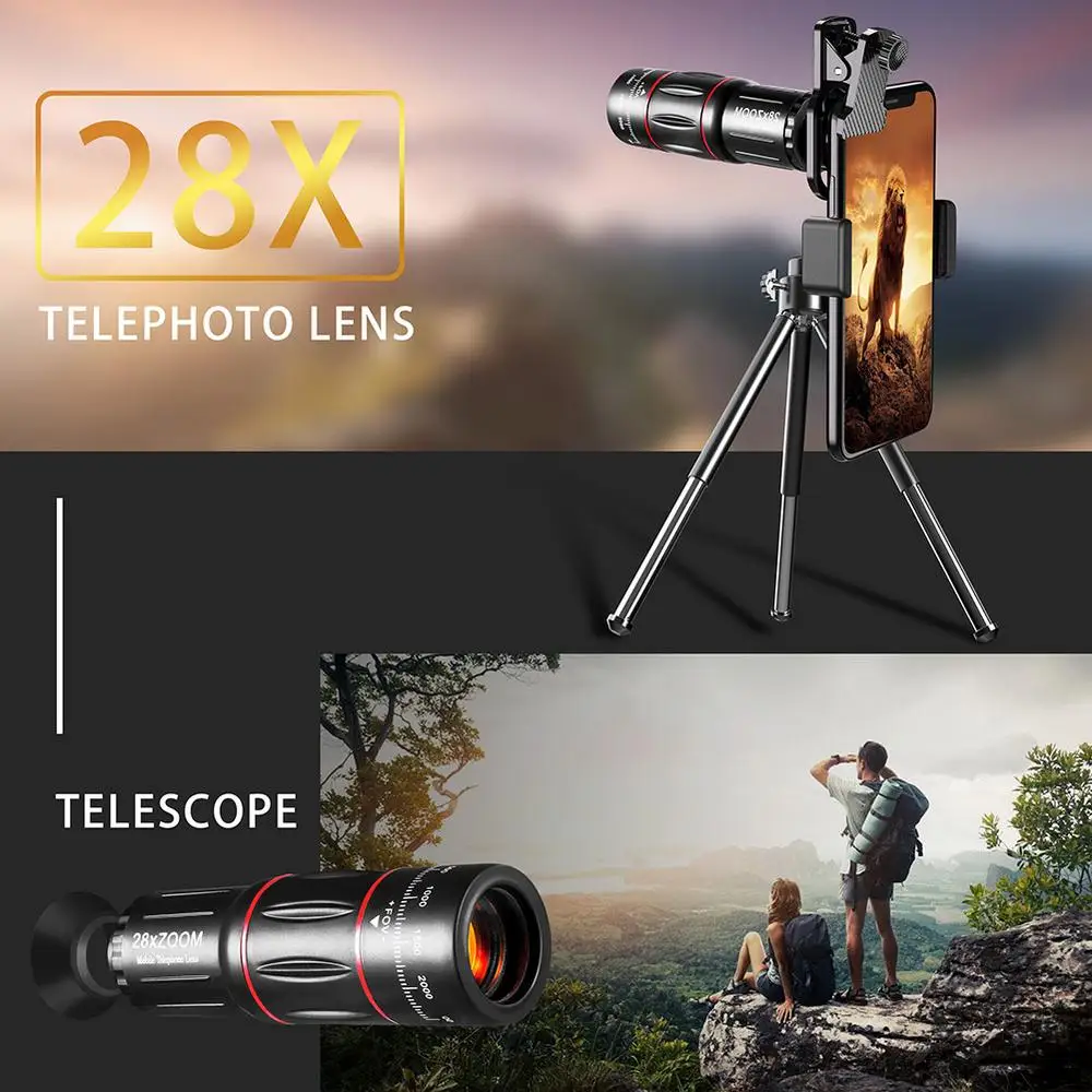4 In 1 28x Zoom Telephoto Lens With Cell Phone Holder And Tripod Cell Phone Camera Lens For Iphone And Phone