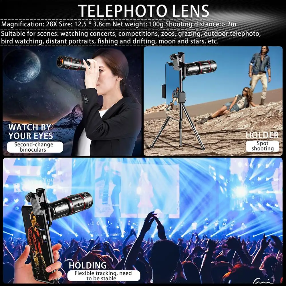 4 In 1 28x Zoom Telephoto Lens With Cell Phone Holder And Tripod Cell Phone Camera Lens For Iphone And Phone