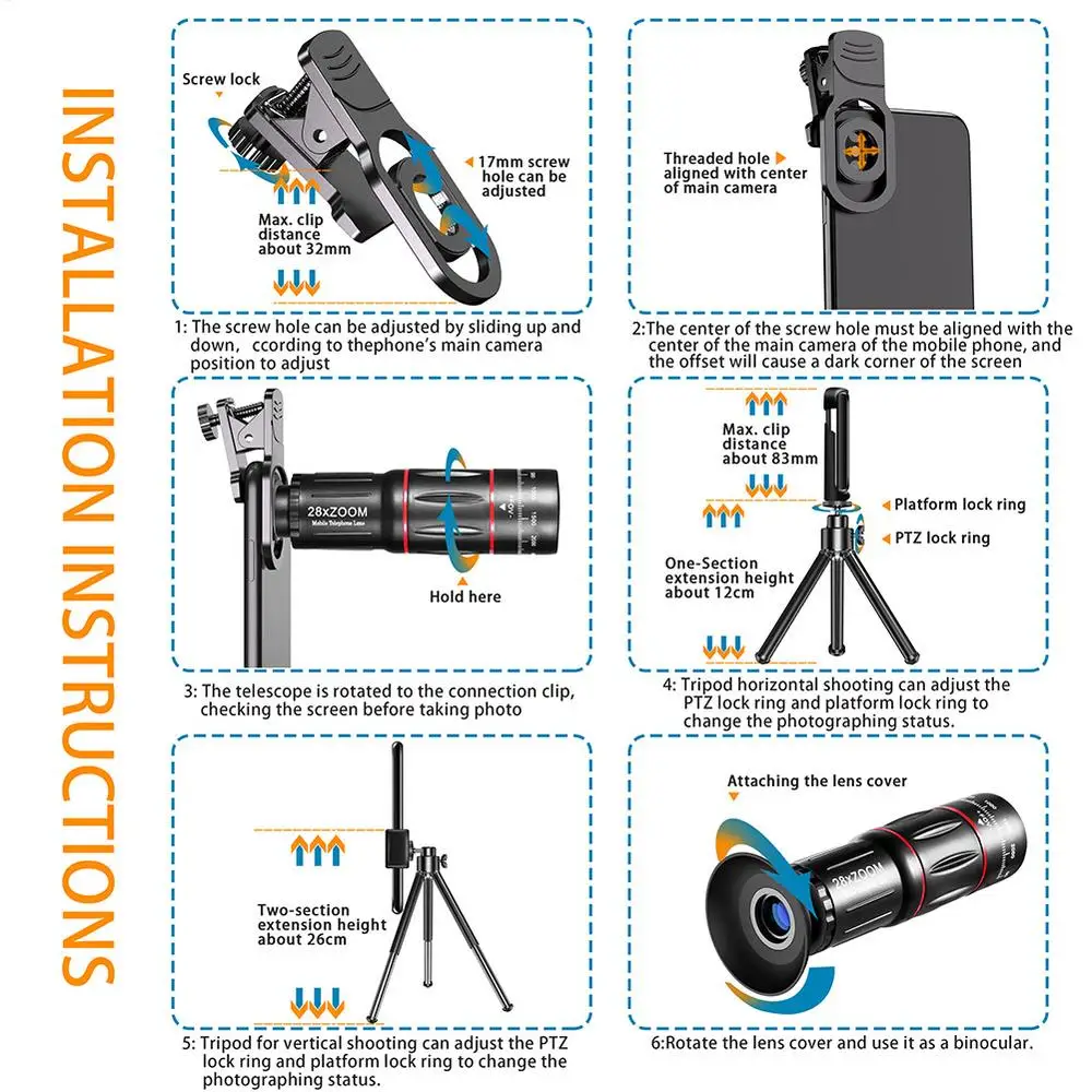 4 In 1 28x Zoom Telephoto Lens With Cell Phone Holder And Tripod Cell Phone Camera Lens For Iphone And Phone