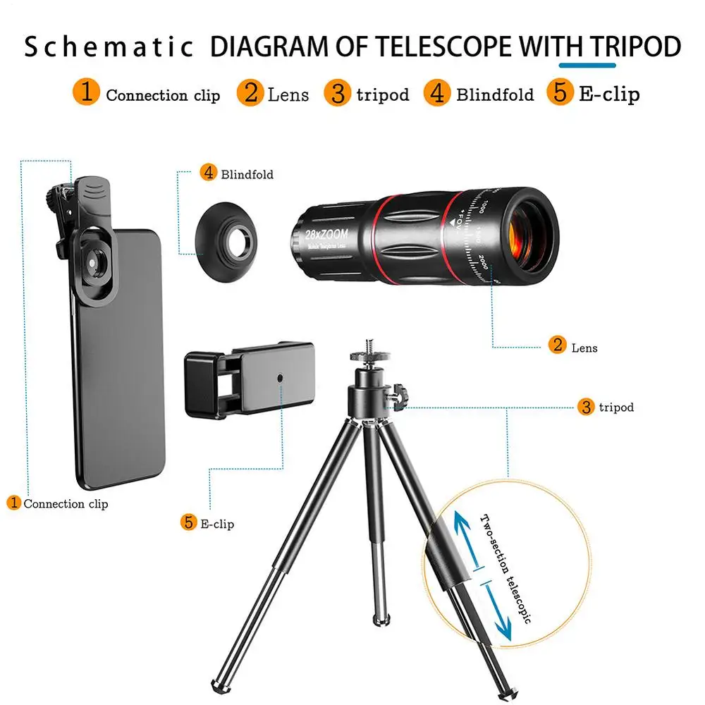 4 In 1 28x Zoom Telephoto Lens With Cell Phone Holder And Tripod Cell Phone Camera Lens For Iphone And Phone