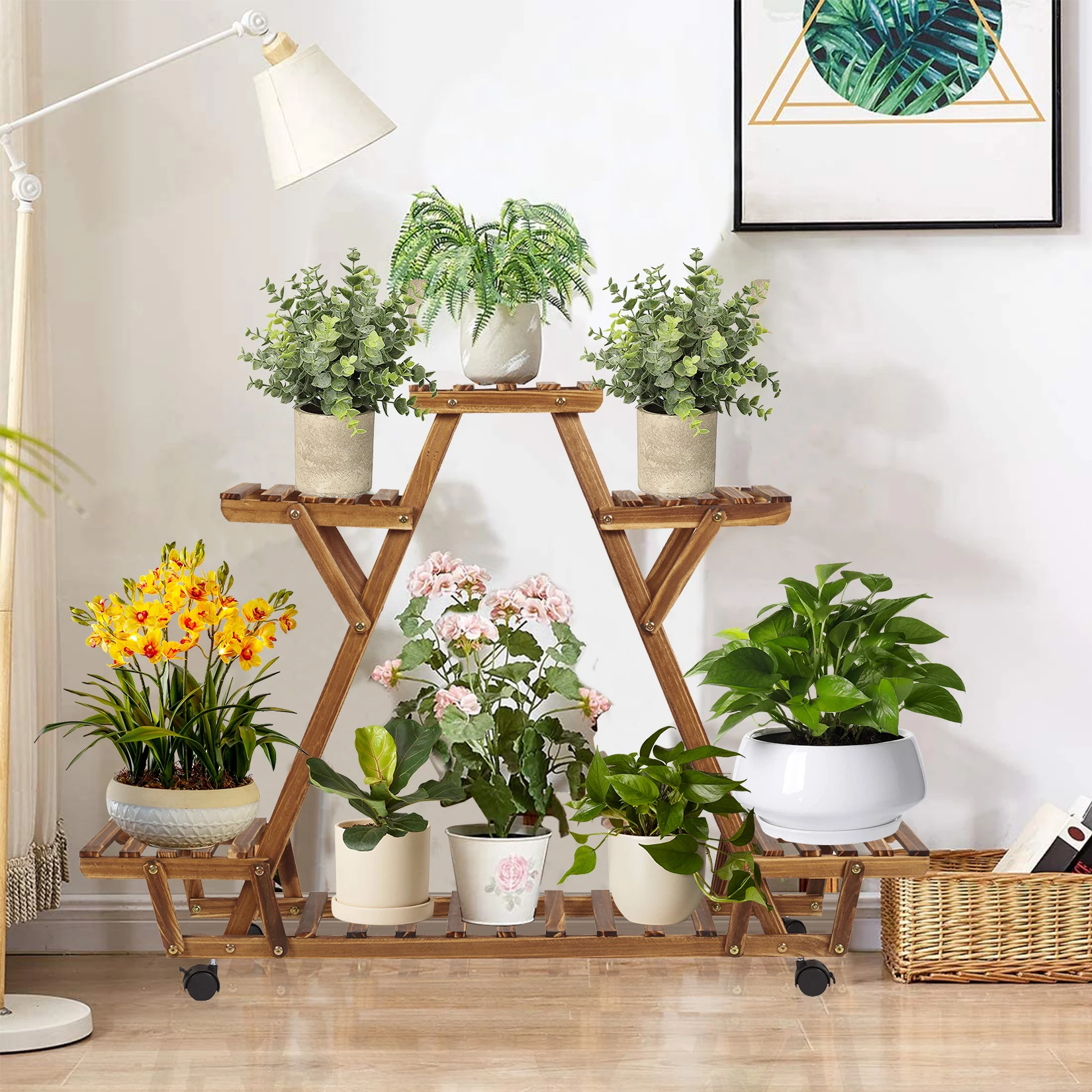 Triangular Plant Shelf 6 Potted Carbonized Wood Plant Holder Flower Pot Stand Display Storage Rack with Wheels for Garden