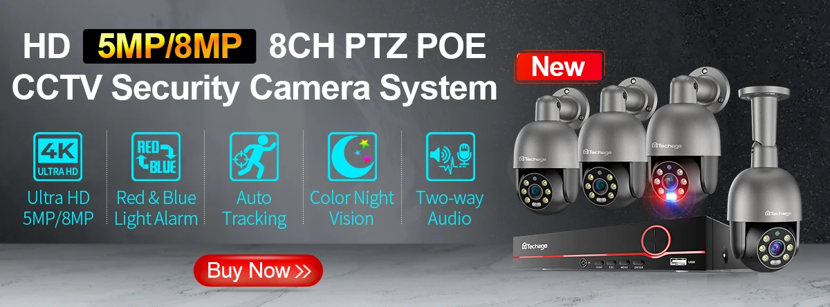 Techage 5MP 8MP 4K PTZ Security POE IP Camera CCTV Surveillance 4K Video Camera Outdoor Ai Human Detection Two Way Audio ONVIF