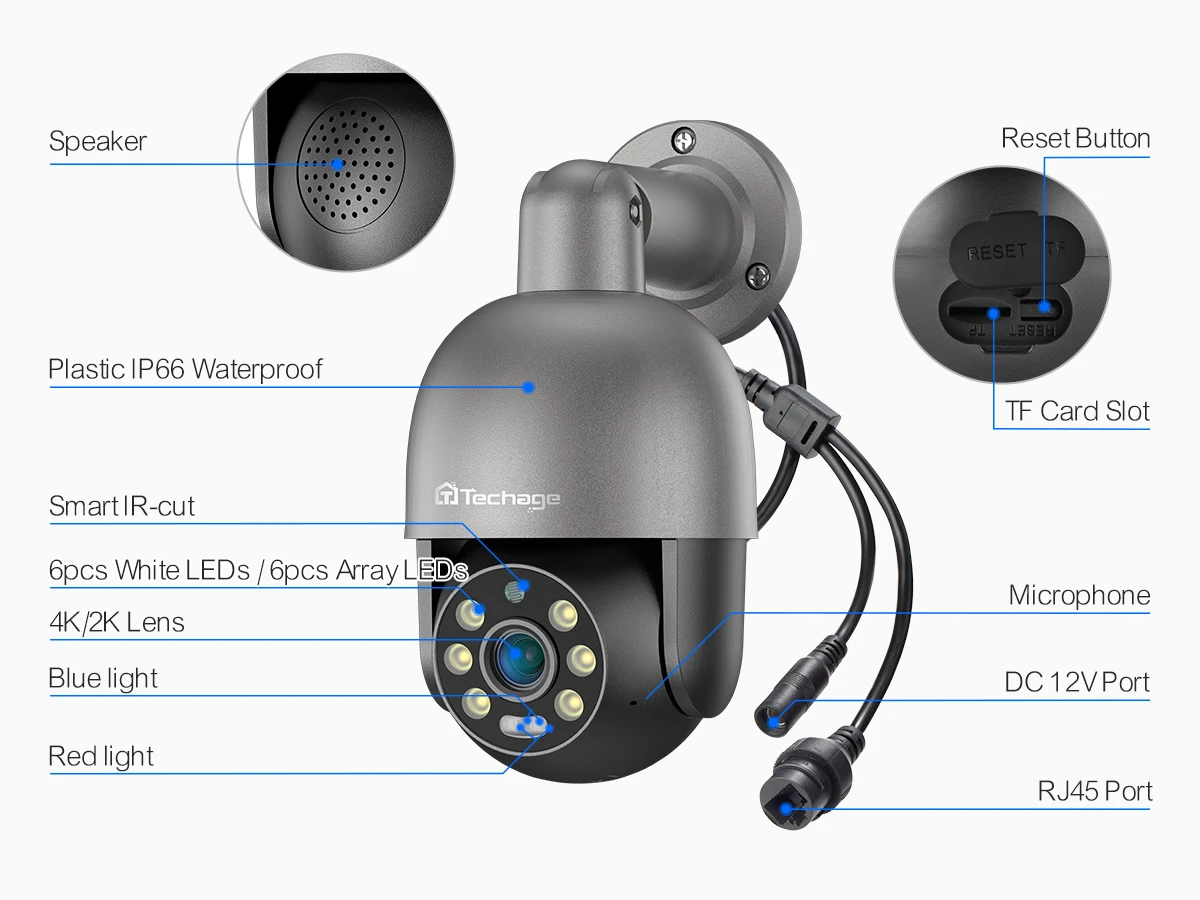 Techage 5MP 8MP 4K PTZ Security POE IP Camera CCTV Surveillance 4K Video Camera Outdoor Ai Human Detection Two Way Audio ONVIF