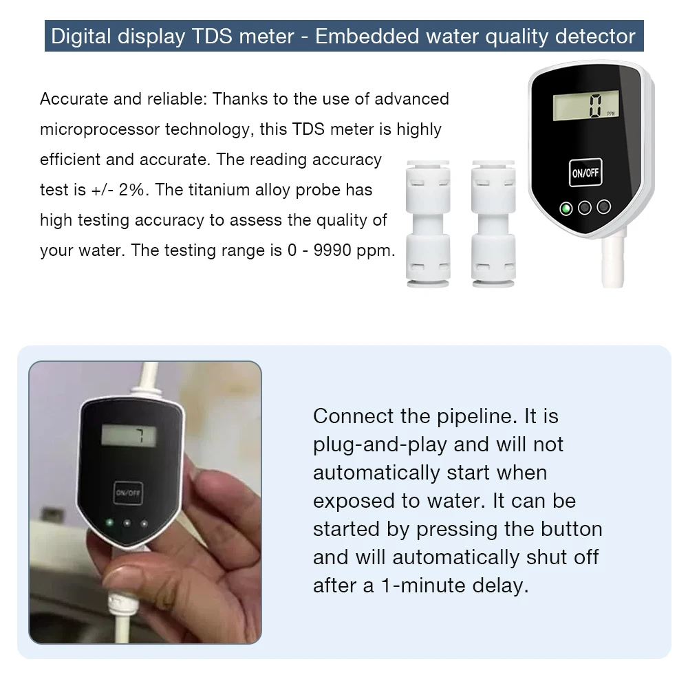 Inlines TDS Monitor 0-999 PPM TDS Meter Tap Water Filter Water Quality Tester for Drinking Water Fish Tank Real-time monitoring