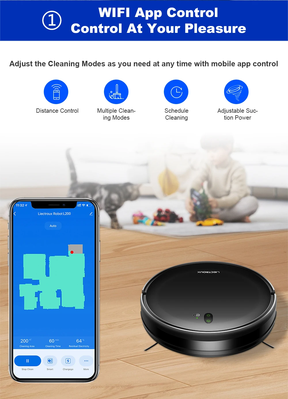 LIECTROUX L200 Robot Vacuum Cleaner & Wet Mop Combo,Smart Mapping,WiFi App,4KPa,Brushless Motor,Ideal for Pet Hair,Carpet,Floor