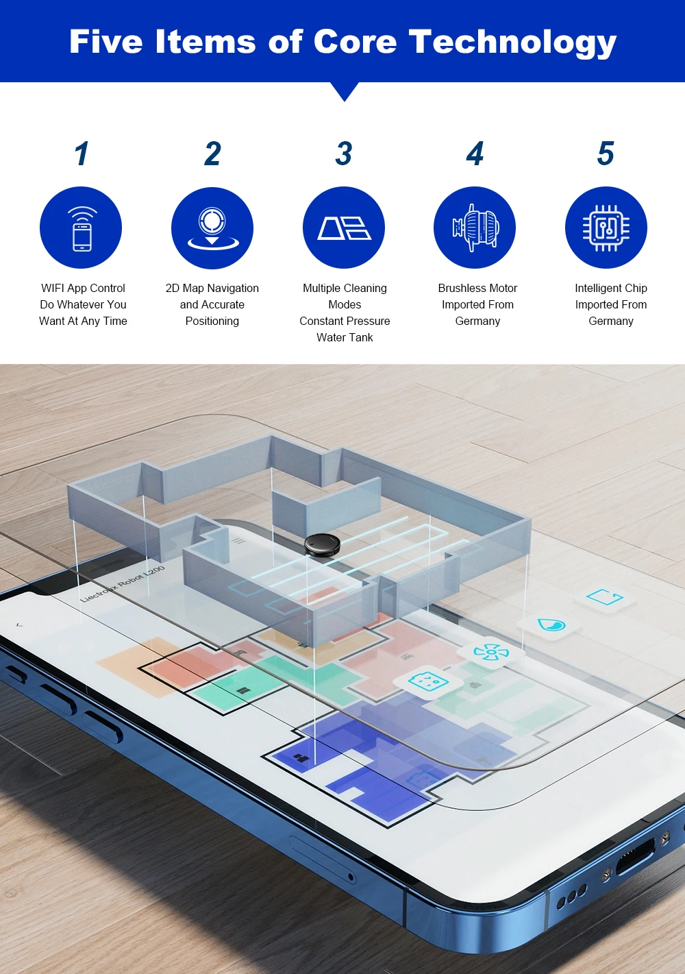 LIECTROUX L200 Robot Vacuum Cleaner & Wet Mop Combo,Smart Mapping,WiFi App,4KPa,Brushless Motor,Ideal for Pet Hair,Carpet,Floor