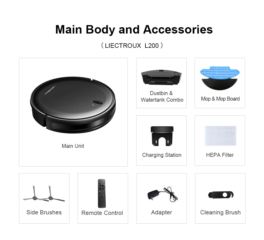 LIECTROUX L200 Robot Vacuum Cleaner & Wet Mop Combo,Smart Mapping,WiFi App,4KPa,Brushless Motor,Ideal for Pet Hair,Carpet,Floor