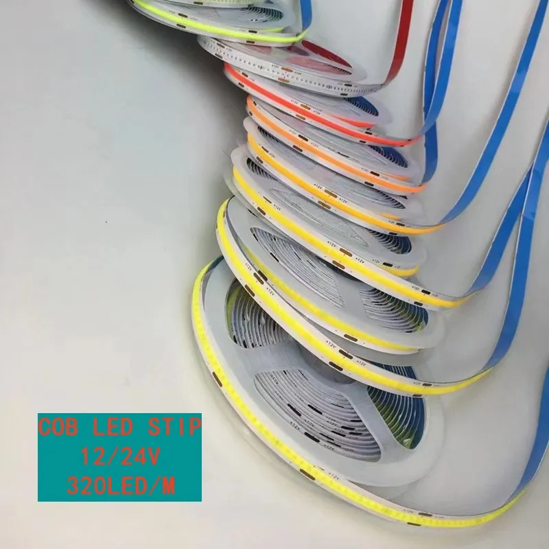DC 12V 24V COB LED Strip Light 8mm High Brightness 320 LEDs/M High Density Flexible Strip Light Color Blue Red Green White Ra≥90
