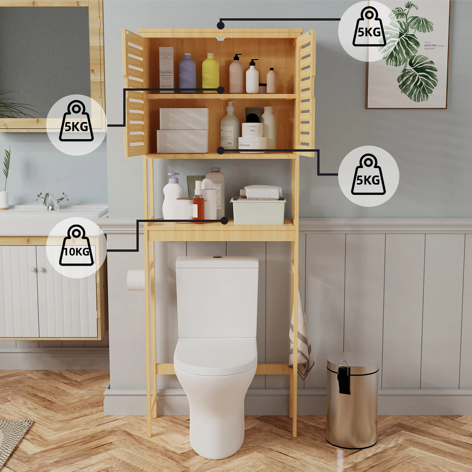 Over-the-Toilet Bathroom Storage Cabinet Bamboo Tall Organizer Rack Free Standing