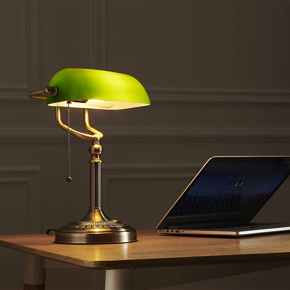 Green glass banker lamp table lamp with Chian switch E27/E26 Desk Lamp