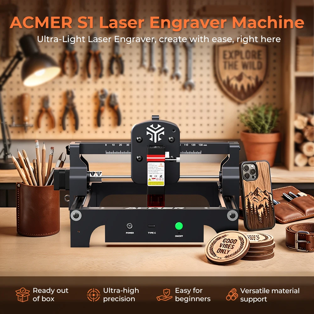 ACMER S1 6W/3.5W/2.5W Mini Portable Laser Engraver DIY Cutting Engraving Machine Engrave Logo Wood Painted Acrylic Glass Leather