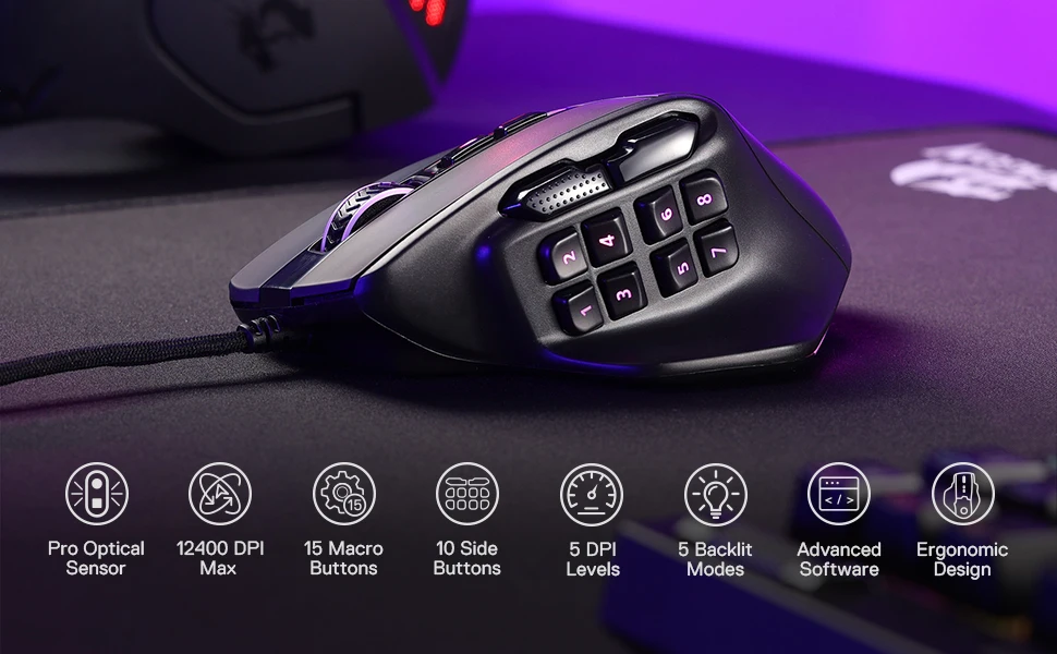 Redragon M811 Aatrox MMO Gaming Mouse, 15 Programmable Buttons Wired RGB Gamer Mouse w/ Ergonomic Natural Grip Build