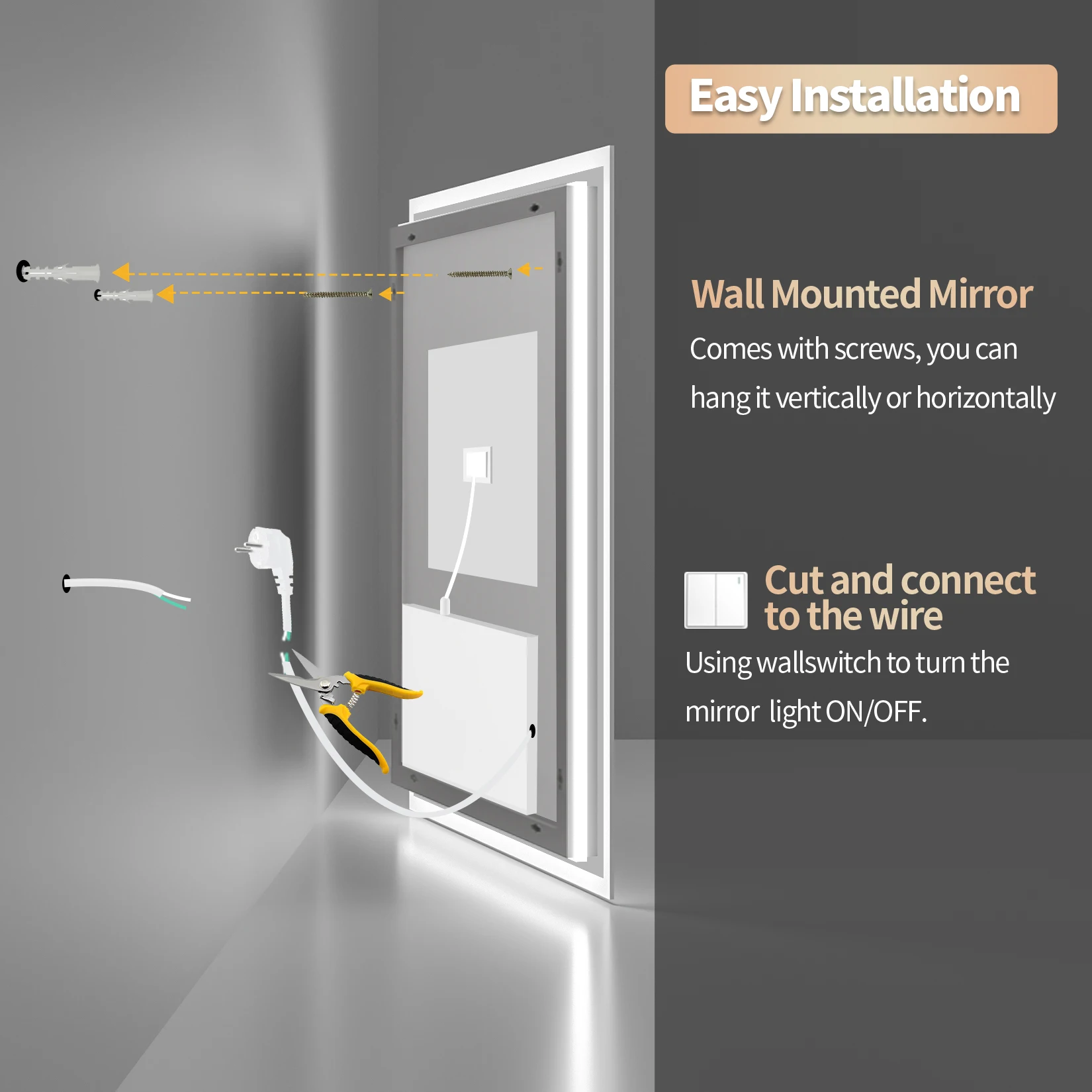 Square Backlit LED Mirror Dimmable Illuminated Bathroom Vanity Mirrors Anti-fog 3500K-6500K Smart Memory