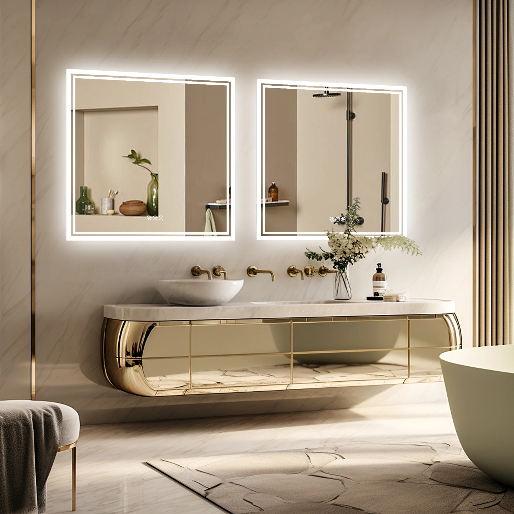 Square Backlit LED Mirror Dimmable Illuminated Bathroom Vanity Mirrors Anti-fog 3500K-6500K Smart Memory