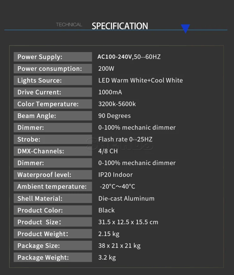 SHEHDS LED 2 Eyes 200W DMX Cool+Warm White COB High Power Blinder Stage Lamp for Theater Concert Decorative Effect Light