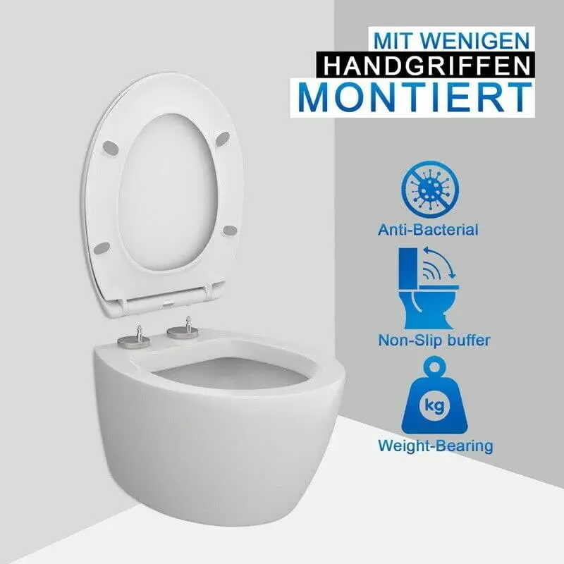 Soft Close Square Toilet Seat Quick Release,Anti-Bacterial White+360° Adjustable Stainless Hinges, Simple Top Fixing Lid Loo WC