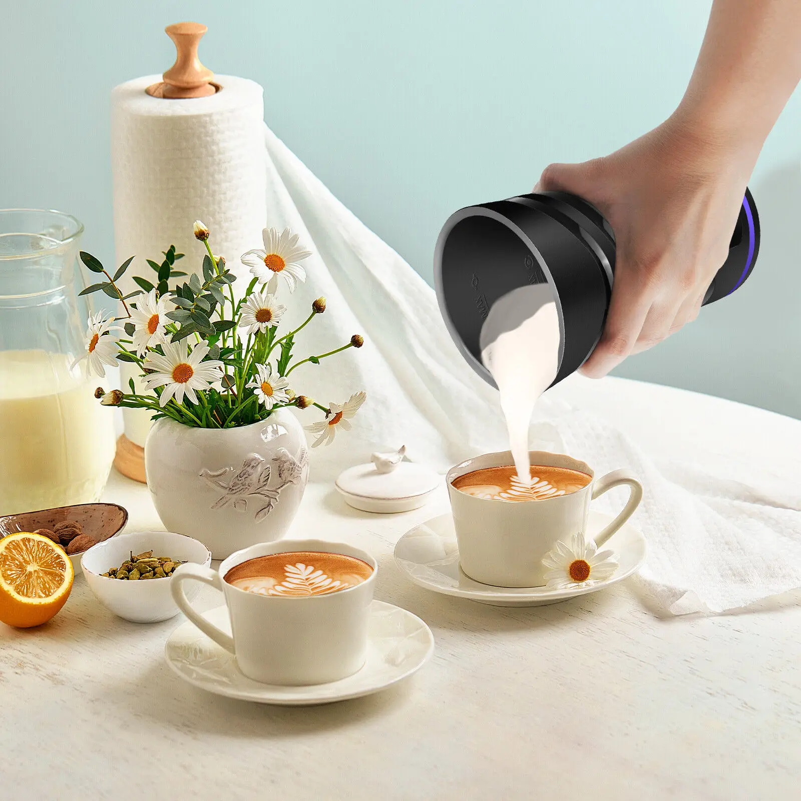 DayPlus 4 in 1 1500W Electric Automatic Milk Frother Maker Steamer Frother Machine,600ml Hot & Cold Foamer for Latte Coffee