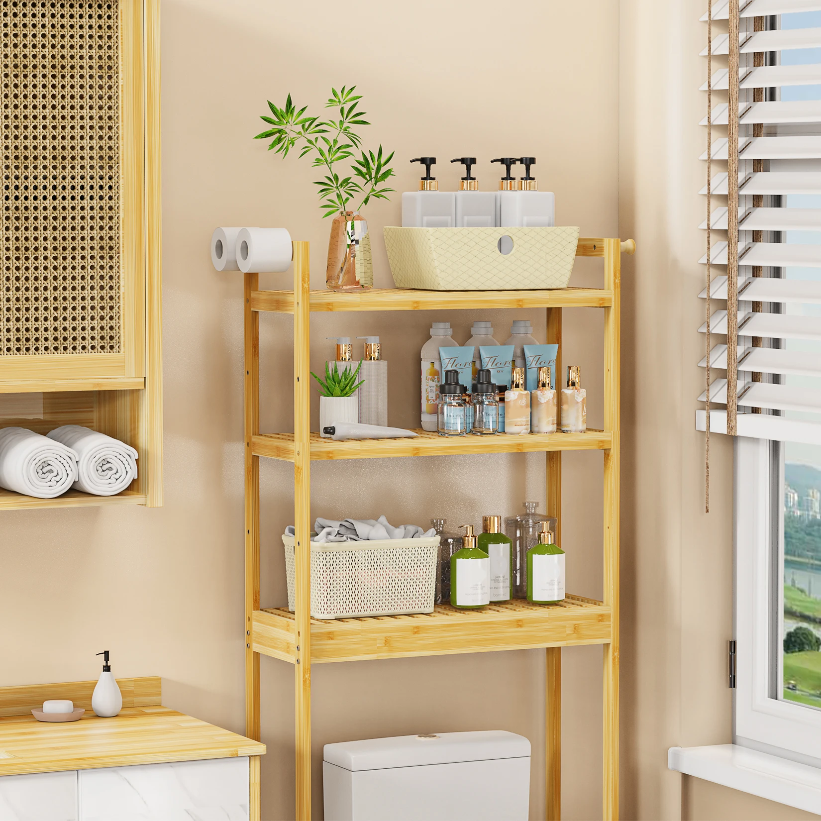 Over Toilet Shelf Bathroom Laundry Organizer Bamboo Storage Shelf Rack