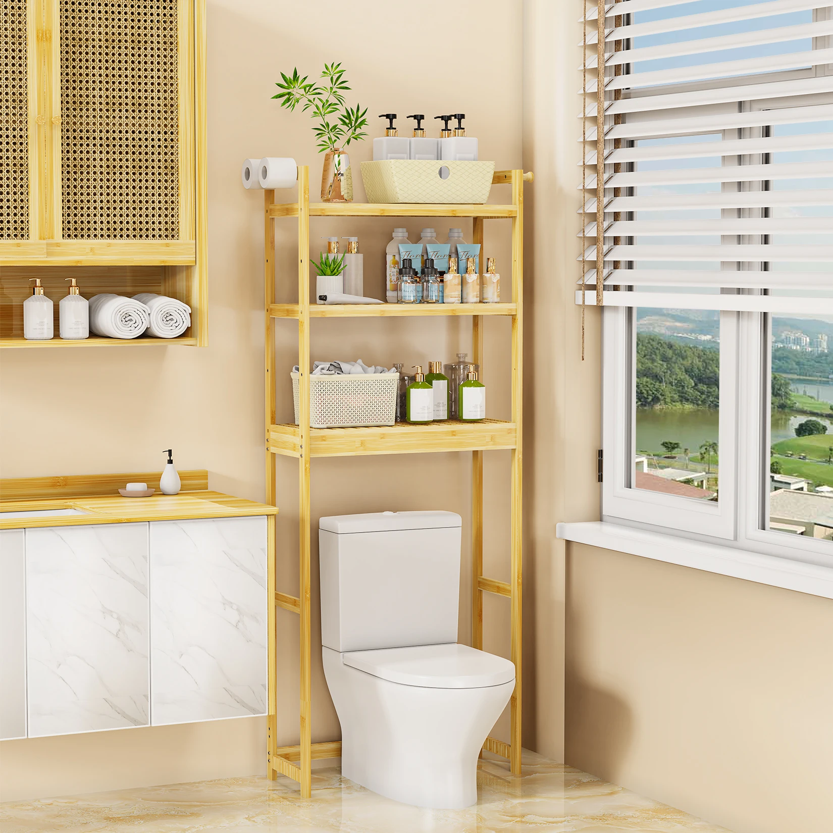 Over Toilet Shelf Bathroom Laundry Organizer Bamboo Storage Shelf Rack