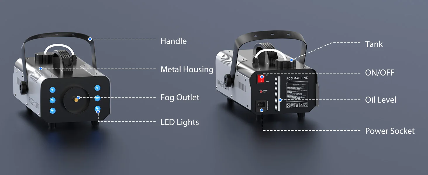 Gwong 1200W Fog Machine for DJ Show Wedding Halloween 6 LEDs RGB Colorful Fog Ejector Remote Smoke Machine Stage Effect Fogger Spray