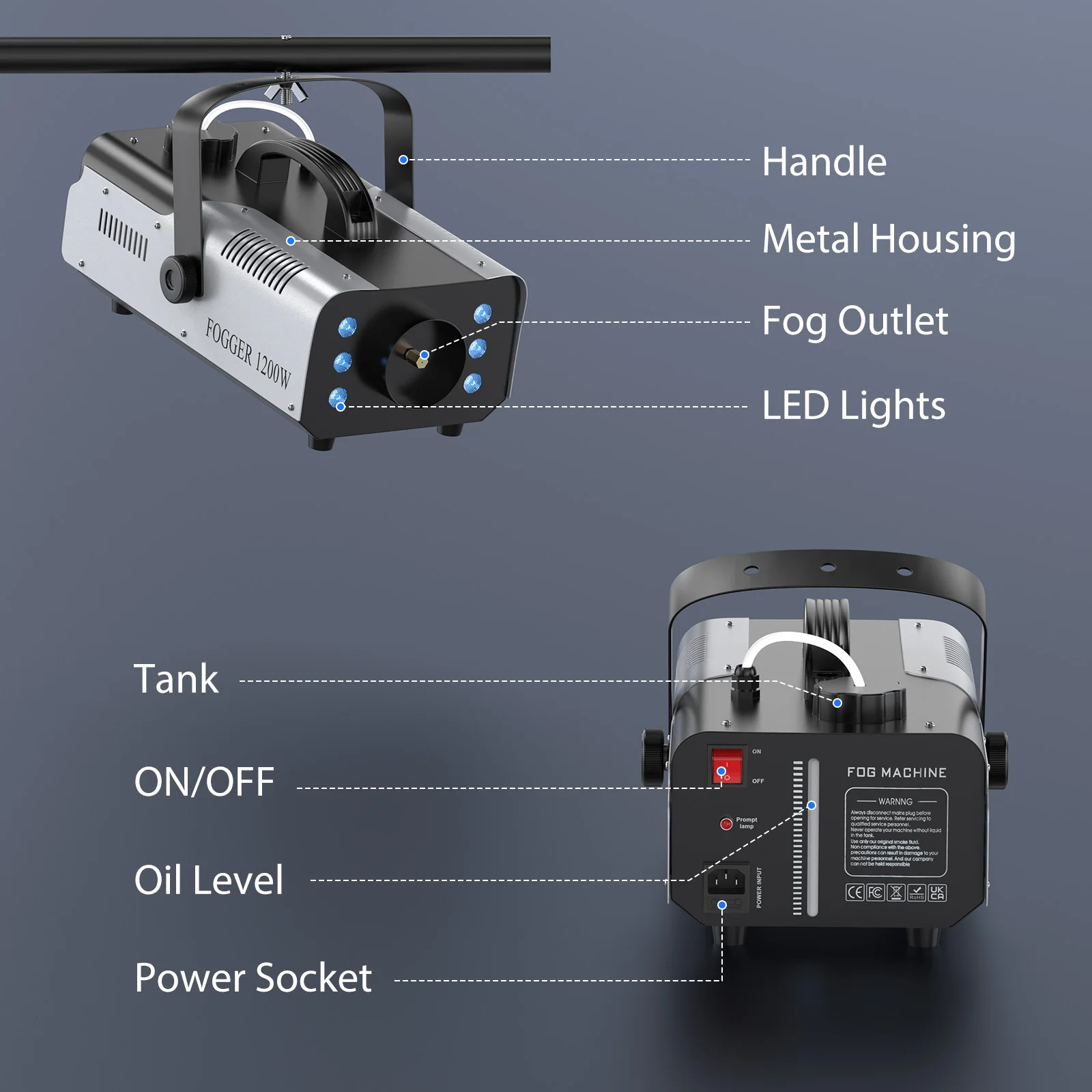 Gwong 1200W Fog Machine for DJ Show Wedding Halloween 6 LEDs RGB Colorful Fog Ejector Remote Smoke Machine Stage Effect Fogger Spray