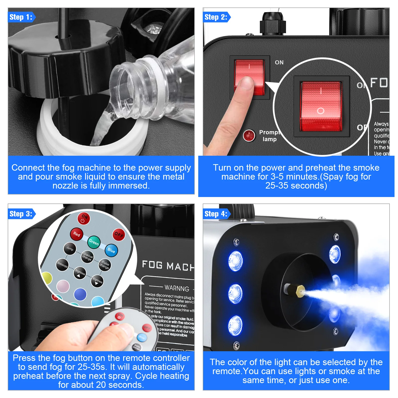 Gwong 1200W Fog Machine for DJ Show Wedding Halloween 6 LEDs RGB Colorful Fog Ejector Remote Smoke Machine Stage Effect Fogger Spray
