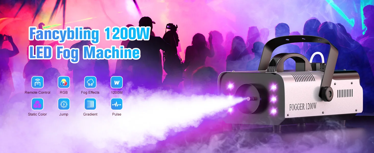 Gwong 1200W Fog Machine for DJ Show Wedding Halloween 6 LEDs RGB Colorful Fog Ejector Remote Smoke Machine Stage Effect Fogger Spray