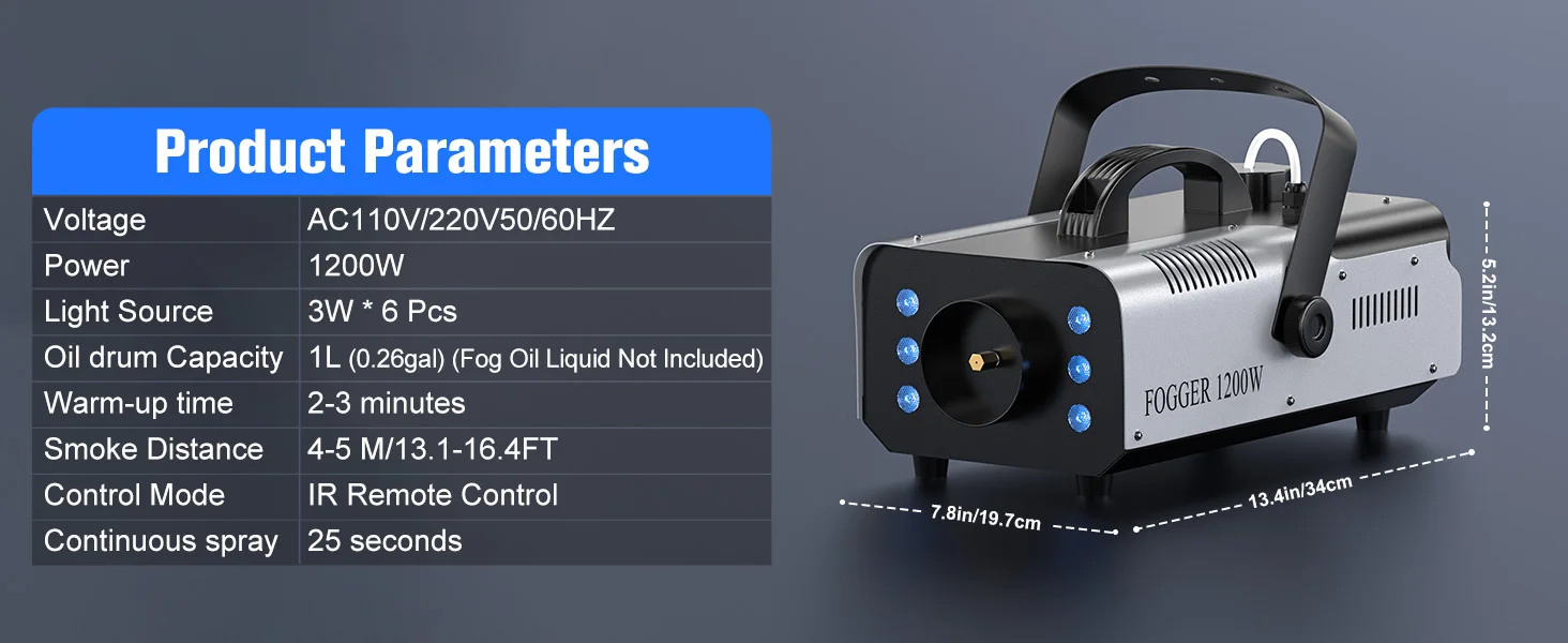 Gwong 1200W Fog Machine for DJ Show Wedding Halloween 6 LEDs RGB Colorful Fog Ejector Remote Smoke Machine Stage Effect Fogger Spray