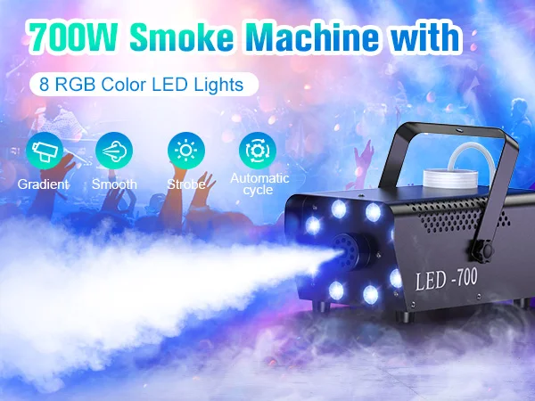 U'King 700W Smoke Machine RGB 3in1 8 LED Stage Colorful Spray Fog Machine Stage Light Wedding Banquet Disco DJ Show Christmas