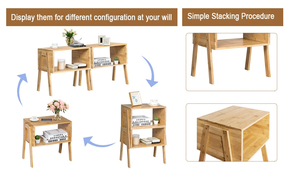 GOFLAME Bamboo Bedside Table 2pcs Stackable Side Table with Large Open Shelf & Compact Design