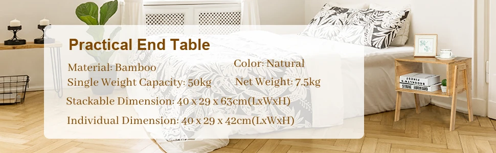 GOFLAME Bamboo Bedside Table 2pcs Stackable Side Table with Large Open Shelf & Compact Design