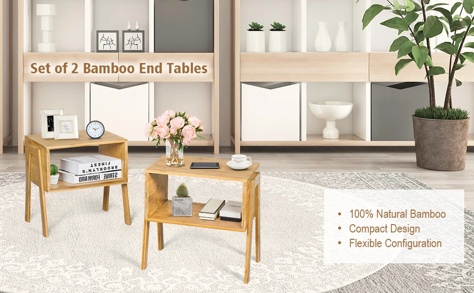 GOFLAME Bamboo Bedside Table 2pcs Stackable Side Table with Large Open Shelf & Compact Design