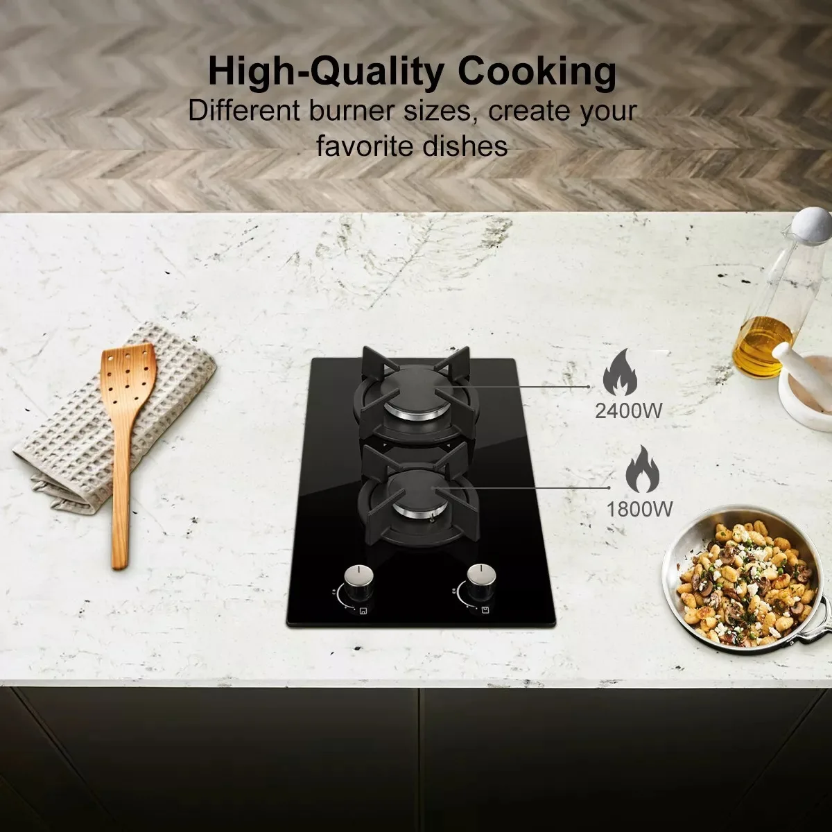 Topstrong 2 Burners Kitchen Built in Cooktop Black Glass NG/LPG Dual Fuel Gas Hob YYUKGCT-B02