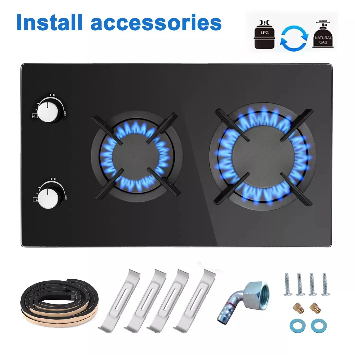 Topstrong 2 Burners Kitchen Built in Cooktop Black Glass NG/LPG Dual Fuel Gas Hob YYUKGCT-B02