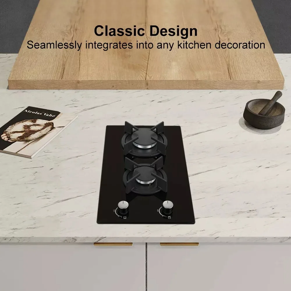Topstrong 2 Burners Kitchen Built in Cooktop Black Glass NG/LPG Dual Fuel Gas Hob YYUKGCT-B02