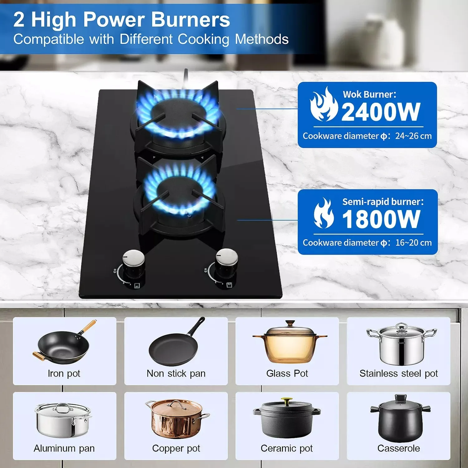Topstrong 2 Burners Kitchen Built in Cooktop Black Glass NG/LPG Dual Fuel Gas Hob YYUKGCT-B02